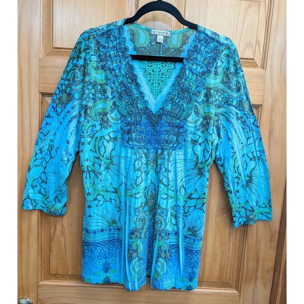 Energe World Wear Women's XL Top Tunic Scalloped Rhinestones Neckline Blue Green